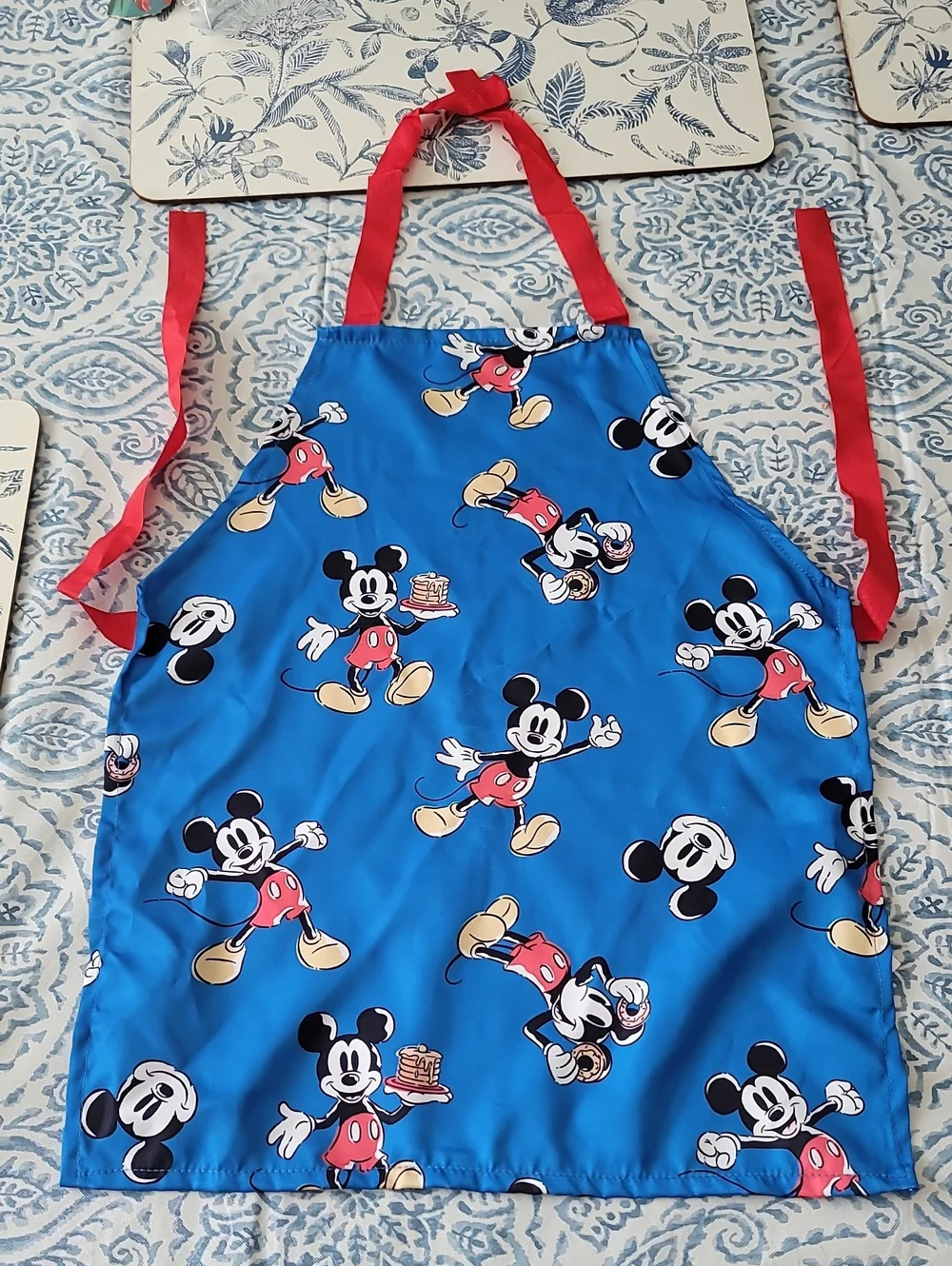 Disney Mickey Mouse Patterned Kids Apron with Blue Trim, Red Ties